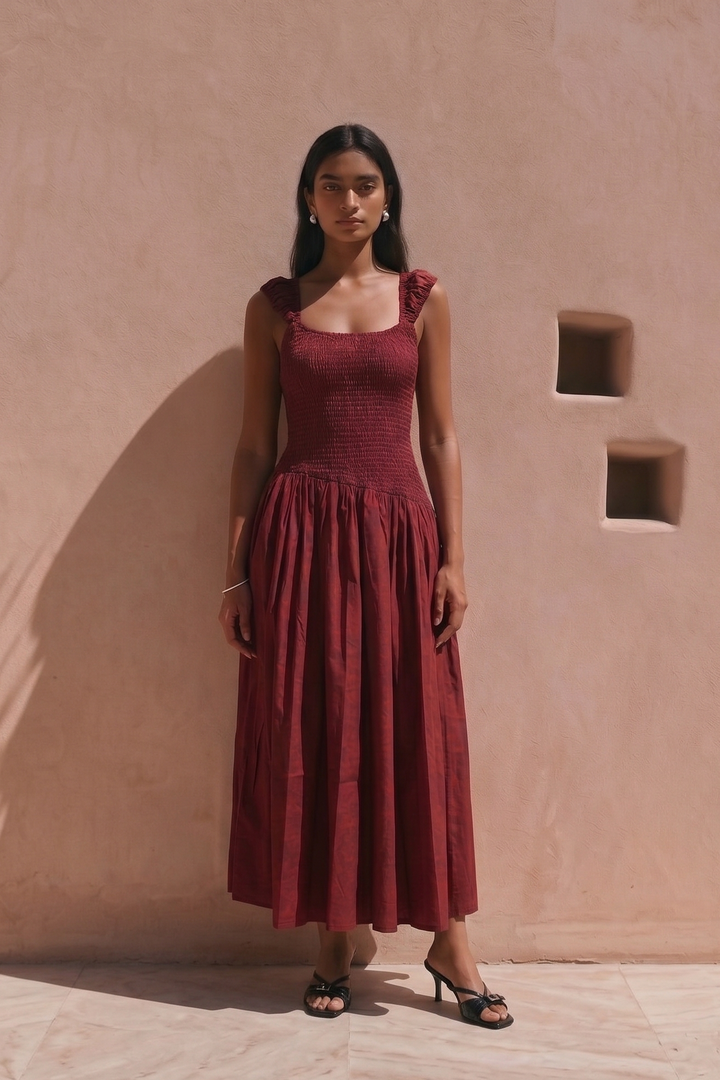 A woman stands outdoors against a warm beige stucco wall wearing a sleeveless, smocked-bodice midi dress in deep burgundy red with a flared skirt. She is wearing black strappy sandals, and the wall features two small recessed windows and soft palm leaf shadows.