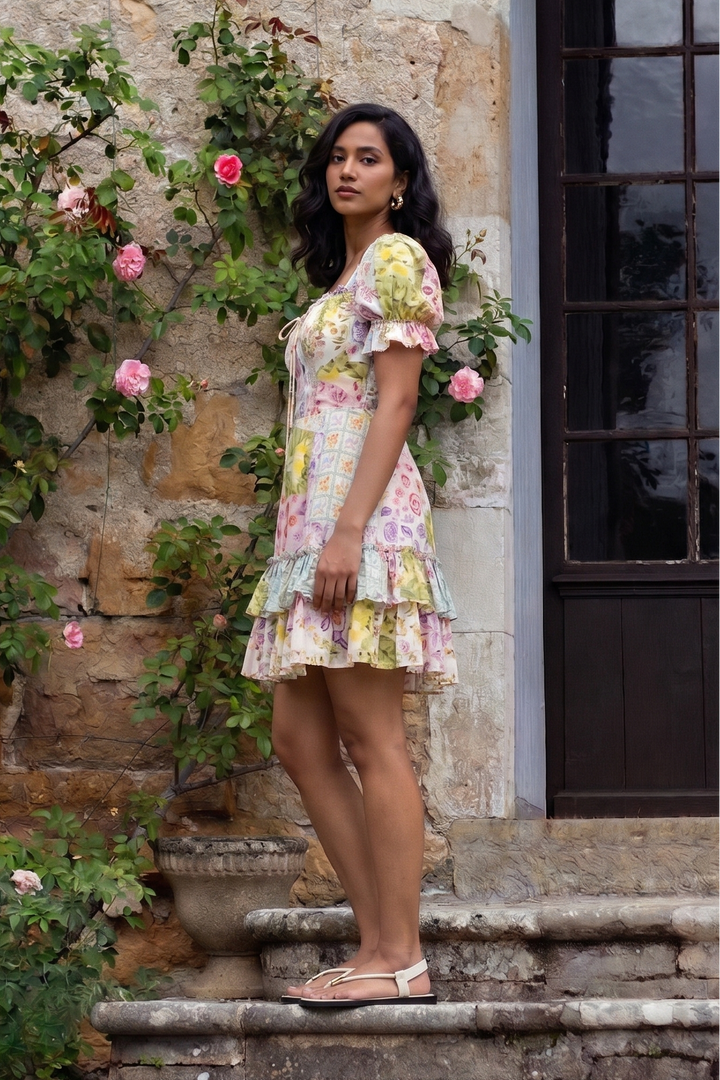A woman stands on stone steps in front of a rustic stone wall with pink roses and a dark wooden door, wearing a short tiered dress with a yellow, pink, and green floral print.