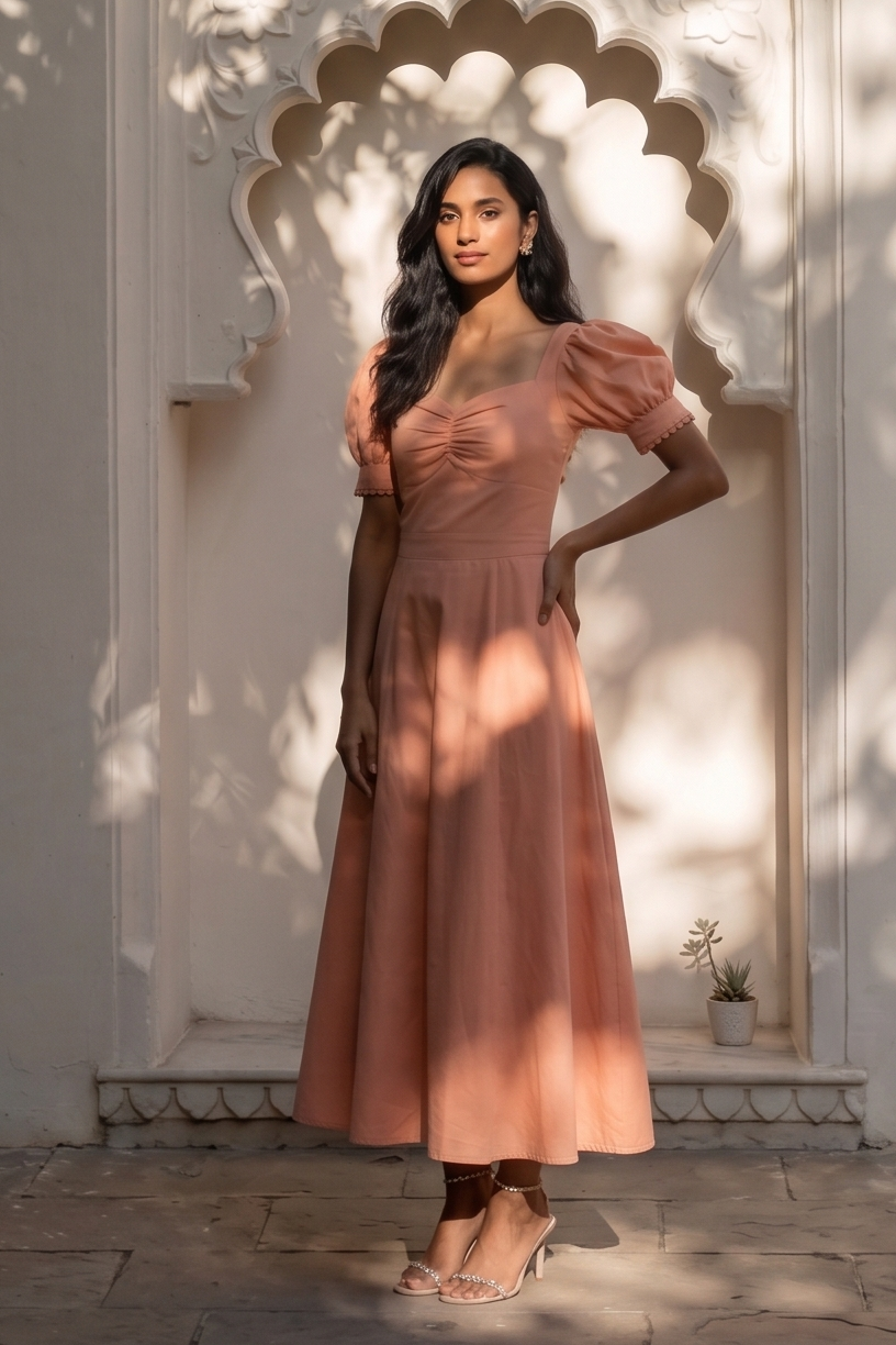 A woman stands in front of a white arched architectural wall with leafy shadows cast across her and the scene. She is wearing a dusty rose pink puff-sleeve midi dress with a V-neckline and a flared skirt.