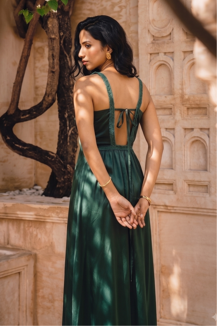A woman wearing a dark green sleeveless maxi dress with a tie-back back, standing in a sunlit stone courtyard framed by tree branches.