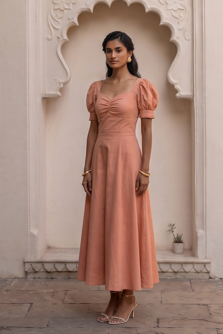 A woman stands in front of an ornate cream-colored stone archway, wearing a peach-pink midi dress with puffed sleeves and a fitted bodice. She is wearing gold bangles and sandals.