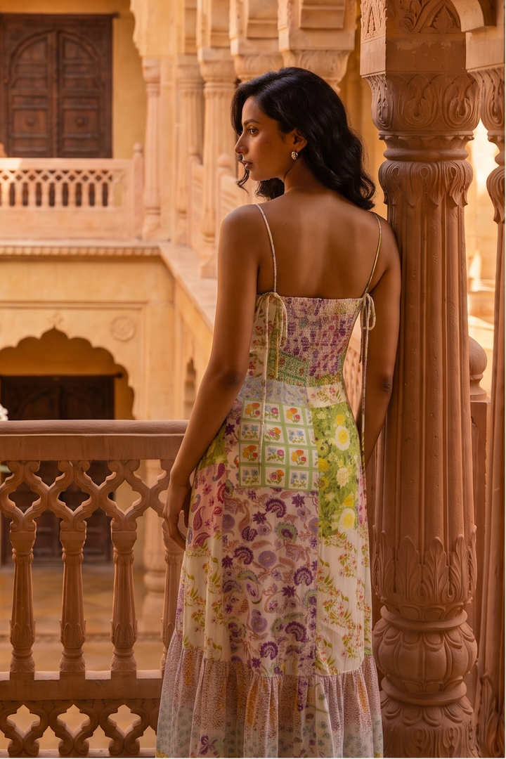 A woman wearing a pastel multicolor printed halter dress stands on a carved stone balcony, looking out toward a sunlit courtyard and sandstone architecture.
