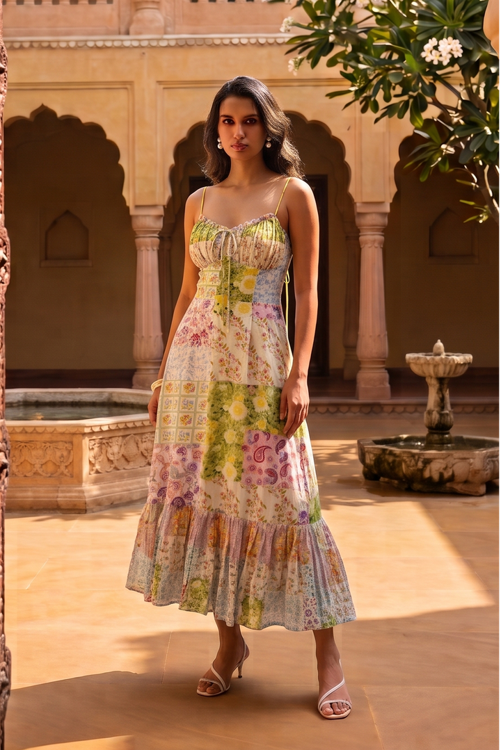 A woman wearing a pastel patchwork-print spaghetti strap maxi dress stands in a traditional Indian courtyard framed by a carved wooden door on the left and a potted plant on the right.