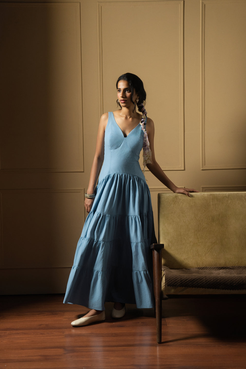 Veronica - a blue tiered midi dress