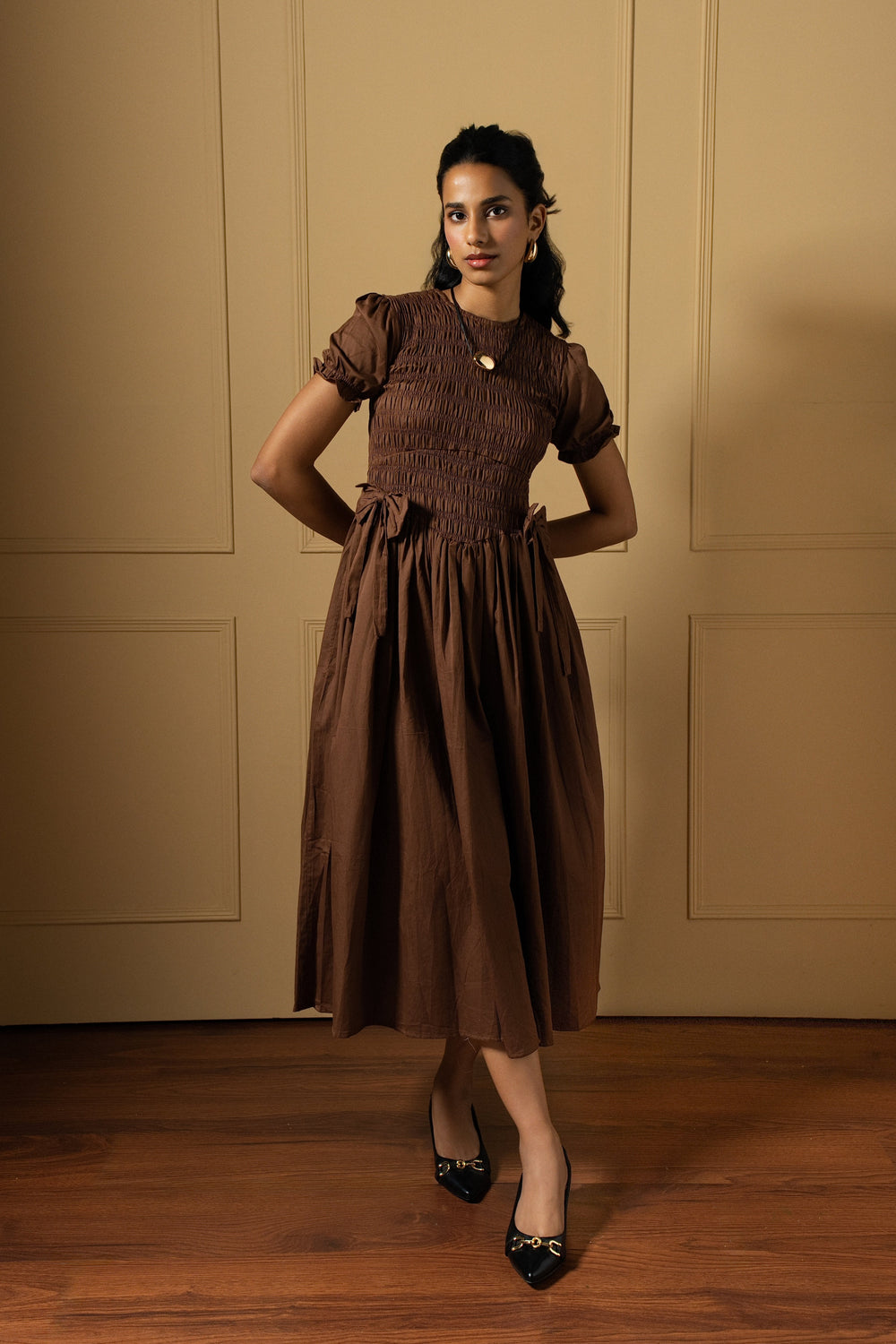 Ira dress a coffee coloured smocked midi dress