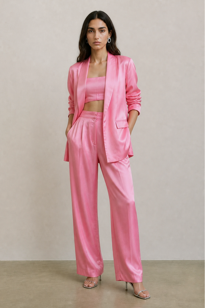 A woman modeling a bright pink satin three-piece suit consisting of a cropped vest, a matching bandeau top, and high-waisted wide-leg trousers, paired with clear high-heeled sandals against a neutral beige studio background.