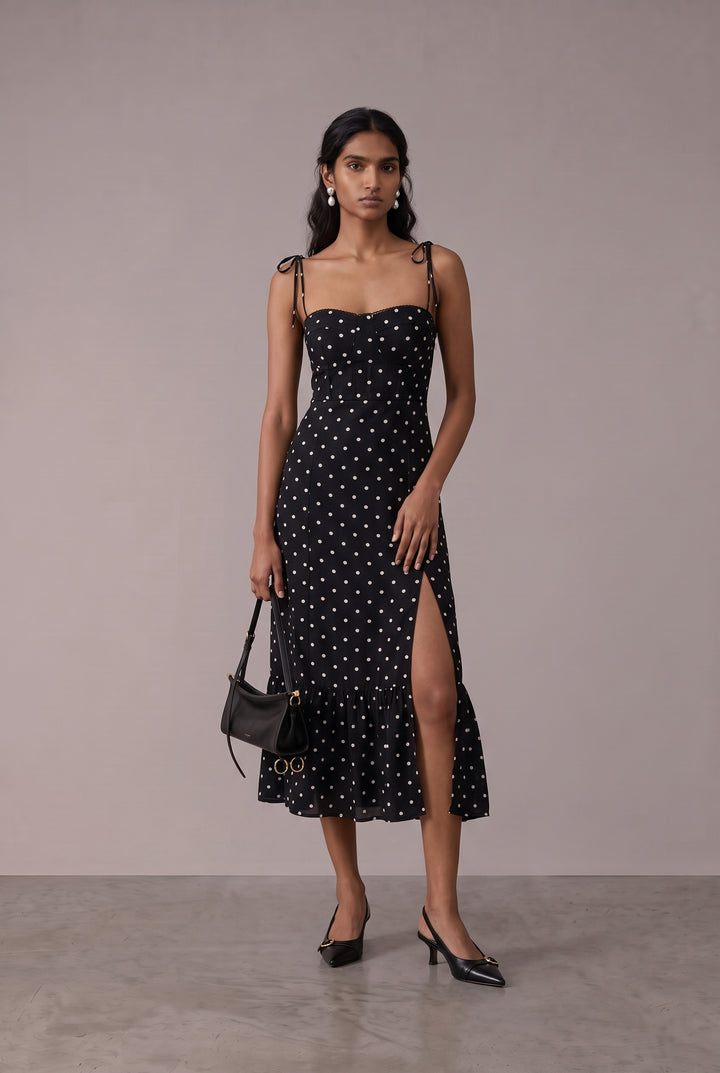 A woman models a black midi dress with white polka dots, featuring thin shoulder straps, a sweetheart neckline, and a high side slit. She is holding a small black handbag and wearing black pointed-toe heels, set against a neutral studio backdrop.