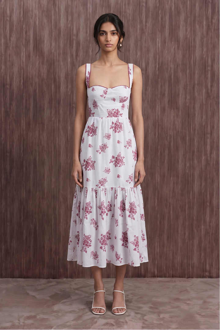 A woman stands against a brown wood-textured backdrop wearing a white midi dress with a pink floral print, thin shoulder straps, a sweetheart neckline, and a tiered skirt.